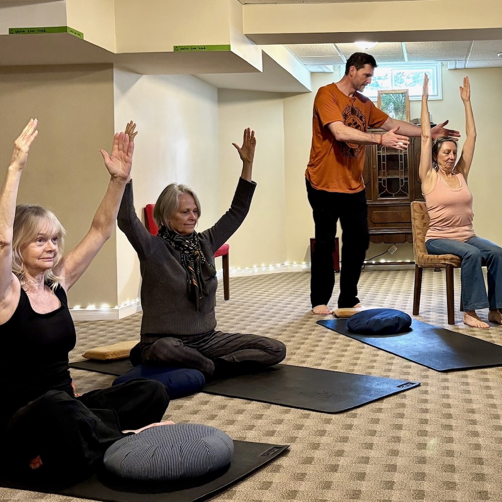 Older adults enjoying a gentle yoga class for balance, flexibility, and healthy aging